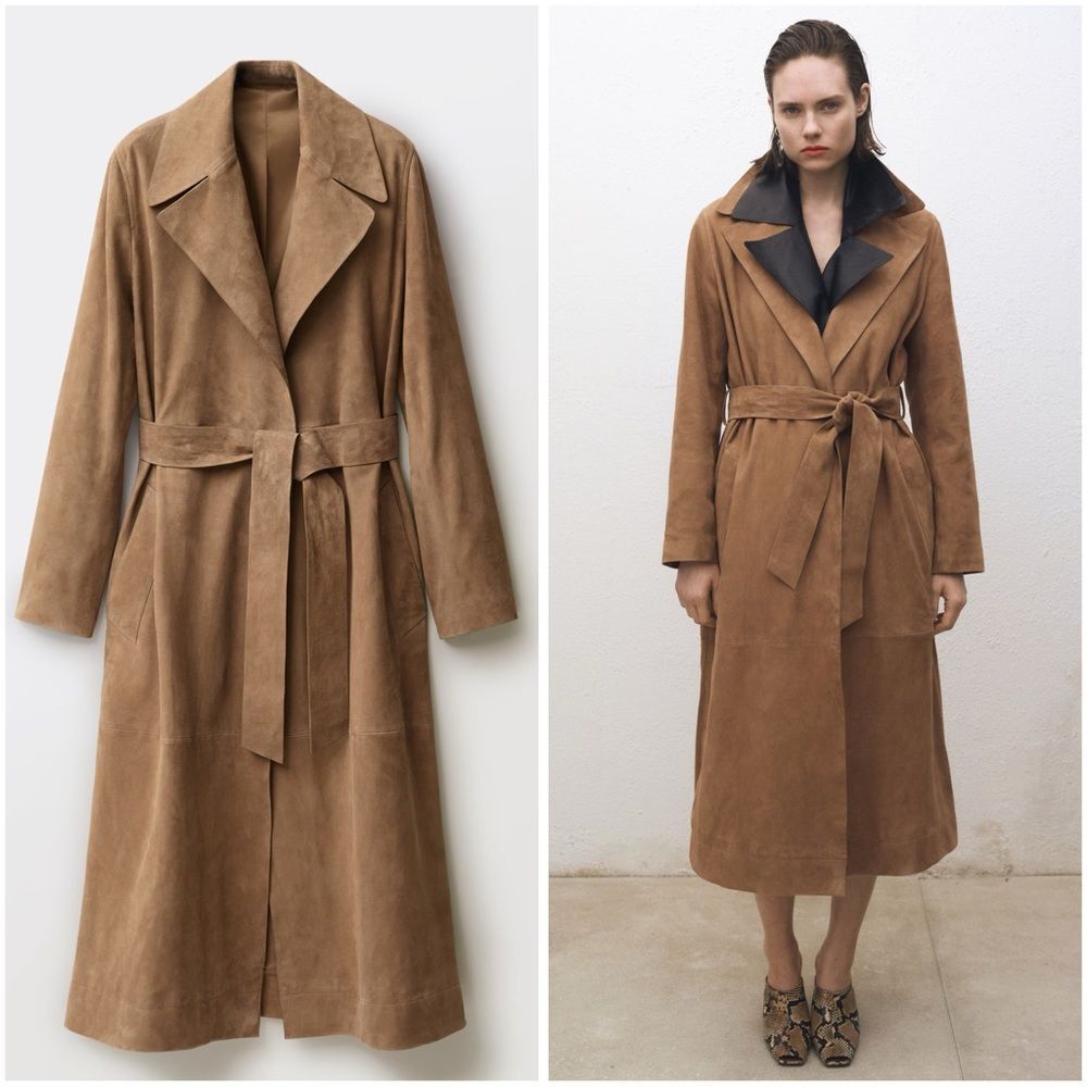 Mango 100% Genuine Suede Trench Coat New - Picture 1 of 9